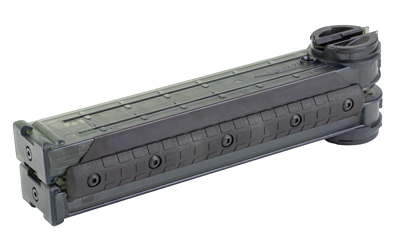 Black polymer rifle drum magazine with winding mechanism