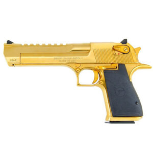 Gold Desert Eagle pistol with black textured grip