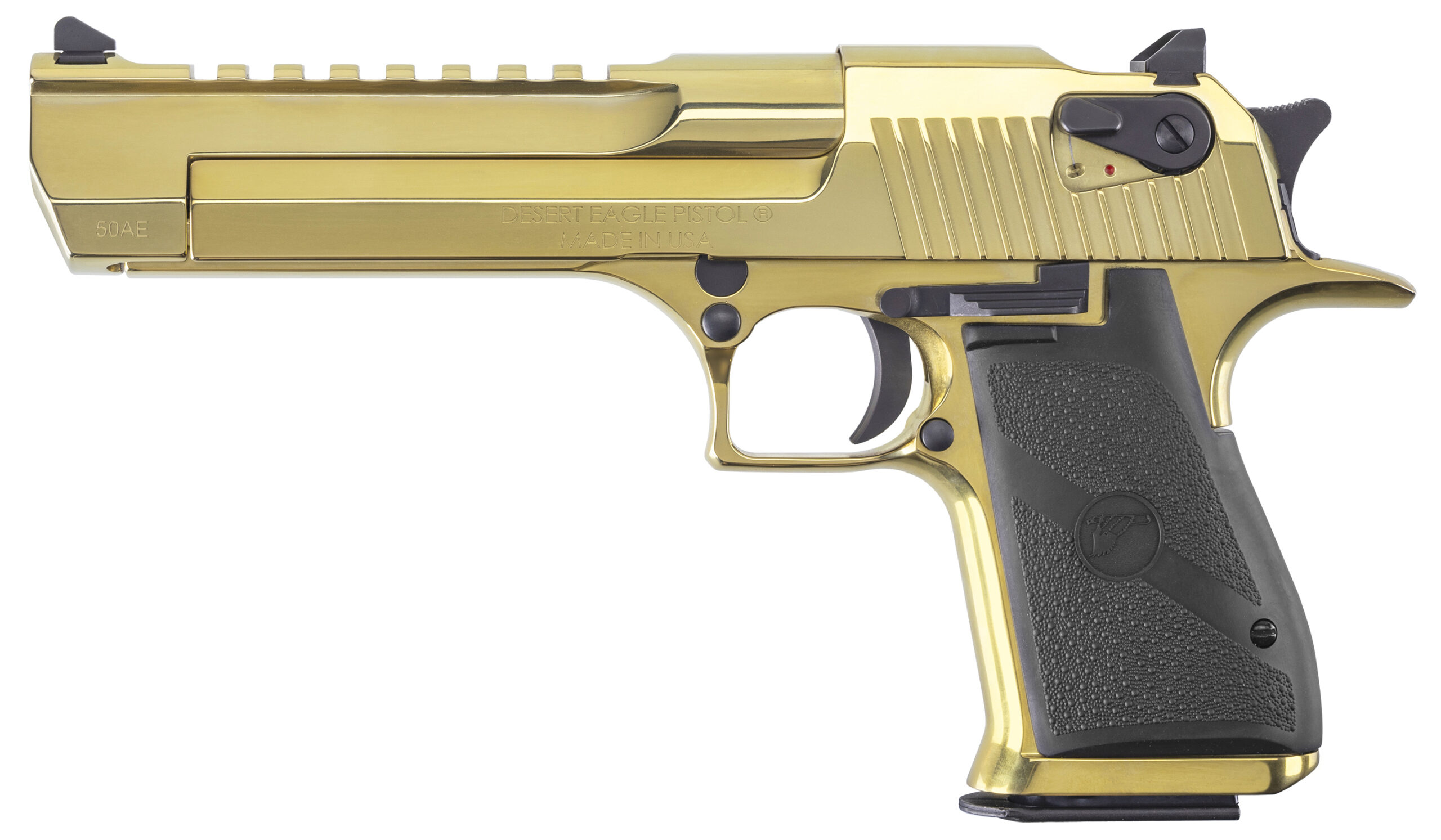Gold Desert Eagle .50 AE handgun with black grip