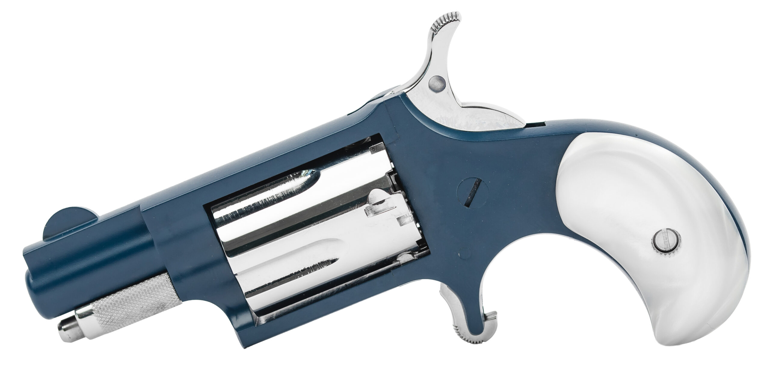 Close-up of a blue and white mechanical handheld tool