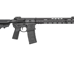 Black AR-style rifle with long ventilated handguard