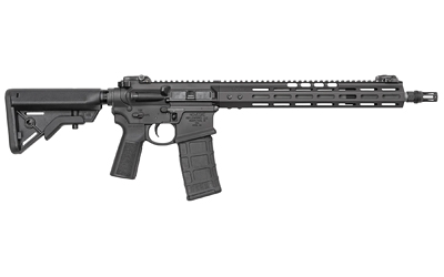 Black AR-style rifle with long ventilated handguard