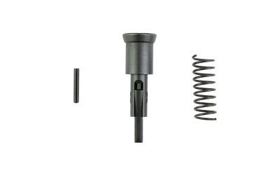 Three black metal firearm components on white background
