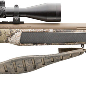 Camouflage bolt-action hunting rifle with mounted scope and sling