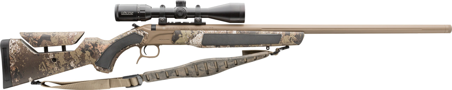 Camouflage bolt-action hunting rifle with mounted scope and sling