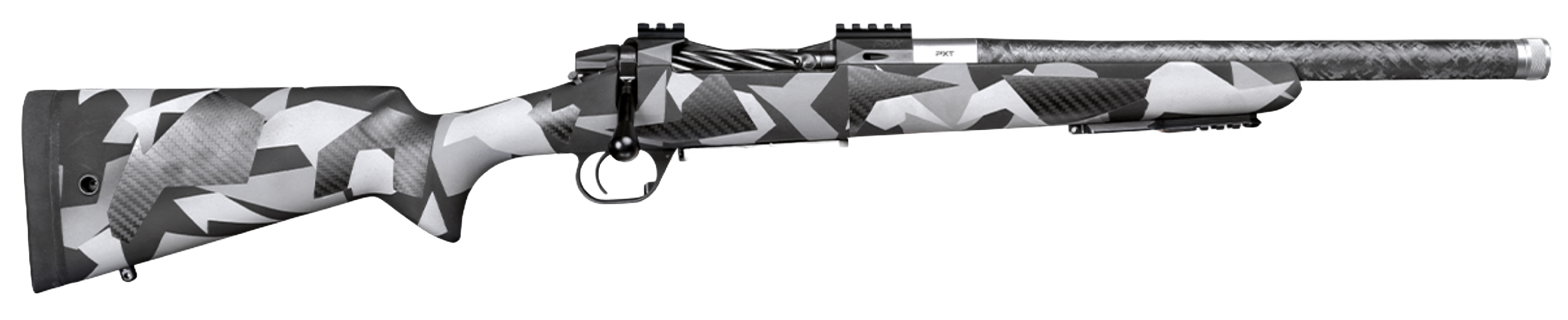 Gray camouflage bolt-action rifle with carbon-fiber barrel