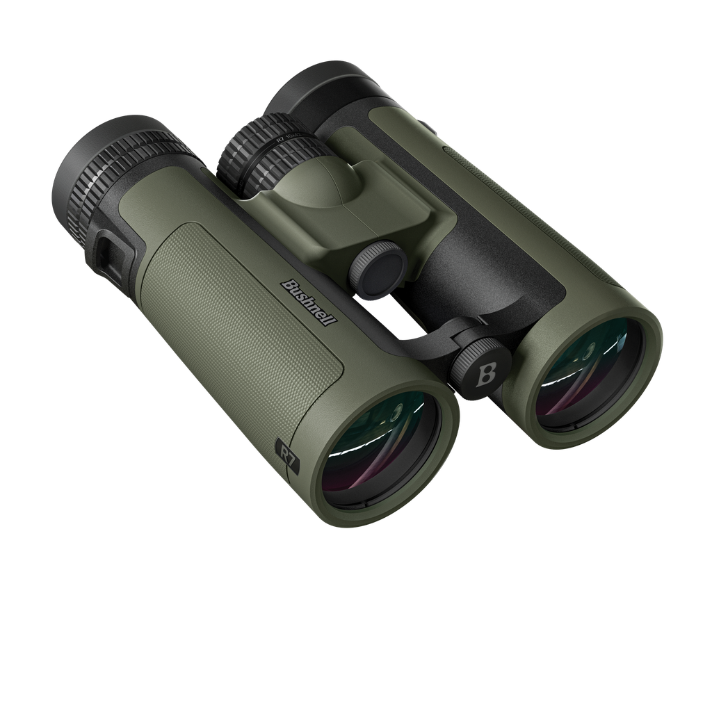 Olive green Bushnell binoculars on white background