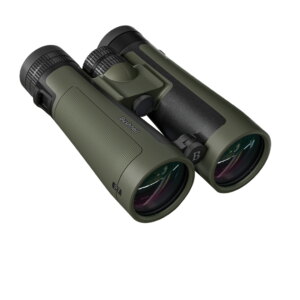 Olive green Bushnell binoculars on a white background