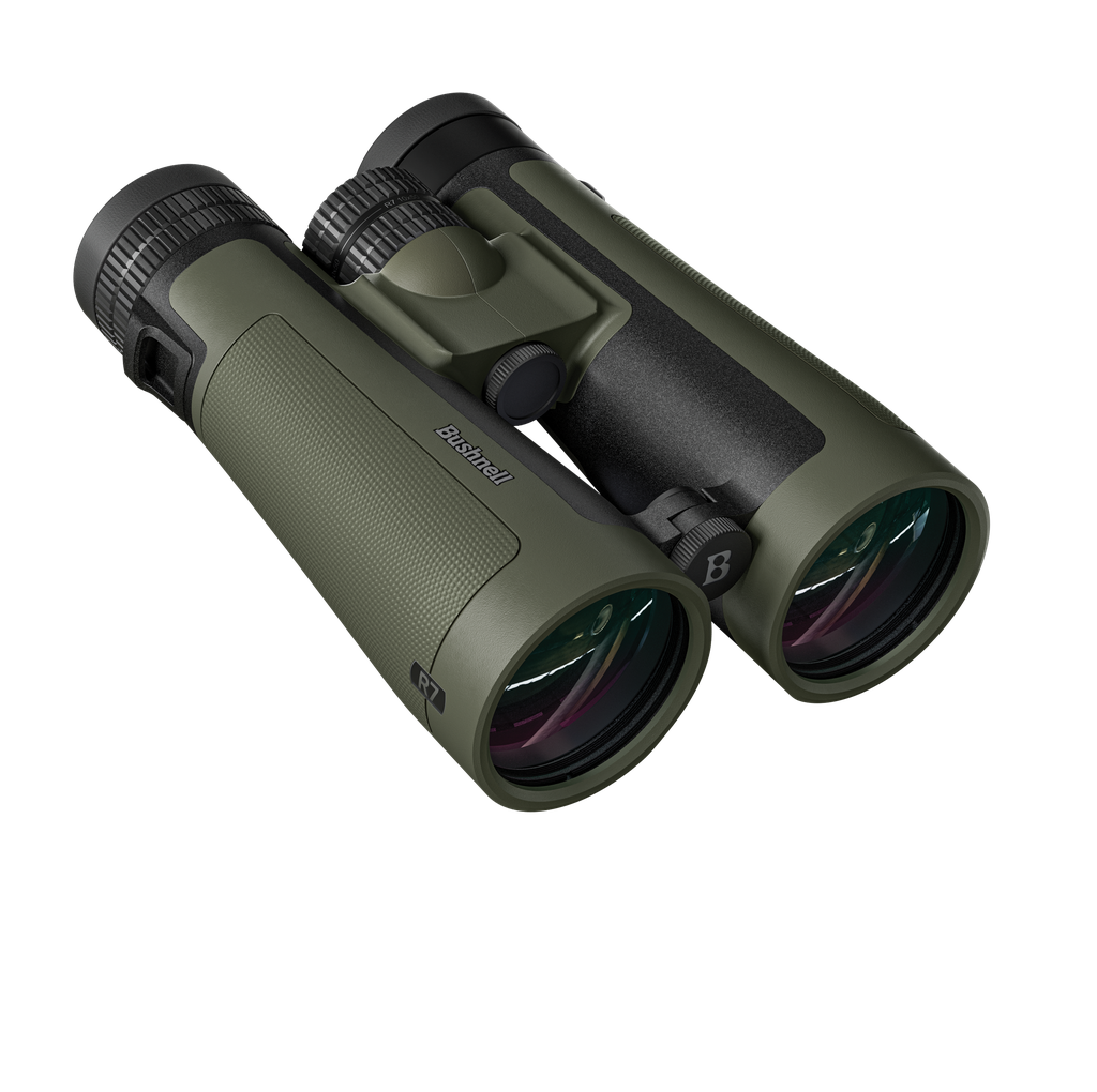 Olive green Bushnell binoculars on a white background