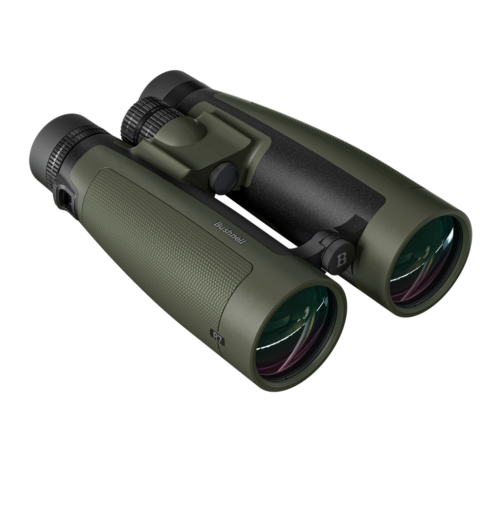 Olive-green Bushnell binoculars with large objective lenses