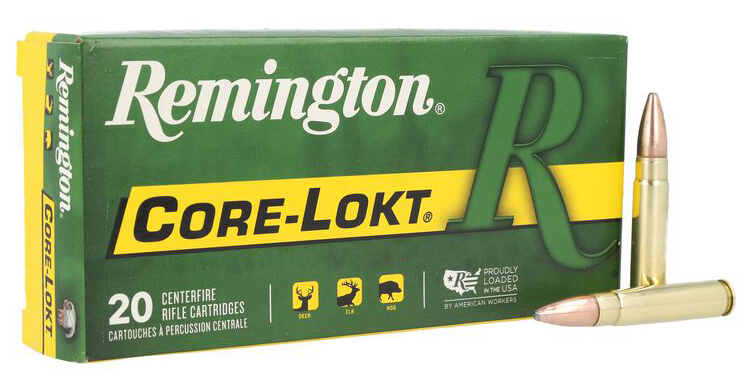 Remington Core-Lokt centerfire rifle ammunition box and cartridges