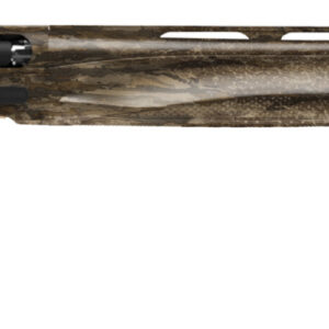 Camouflage-patterned semi-automatic shotgun shown in side profile