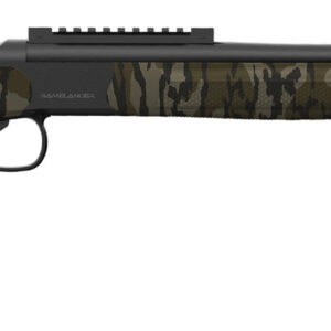 Camouflage-patterned bolt-action hunting rifle on white background