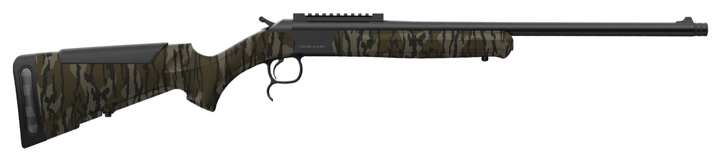Camouflage-patterned bolt-action hunting rifle on white background