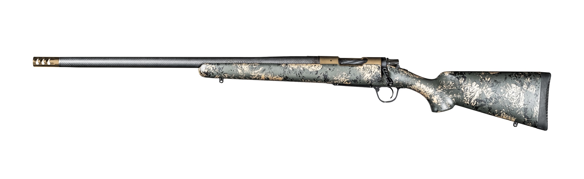 Camouflage bolt-action rifle with carbon-fiber barrel