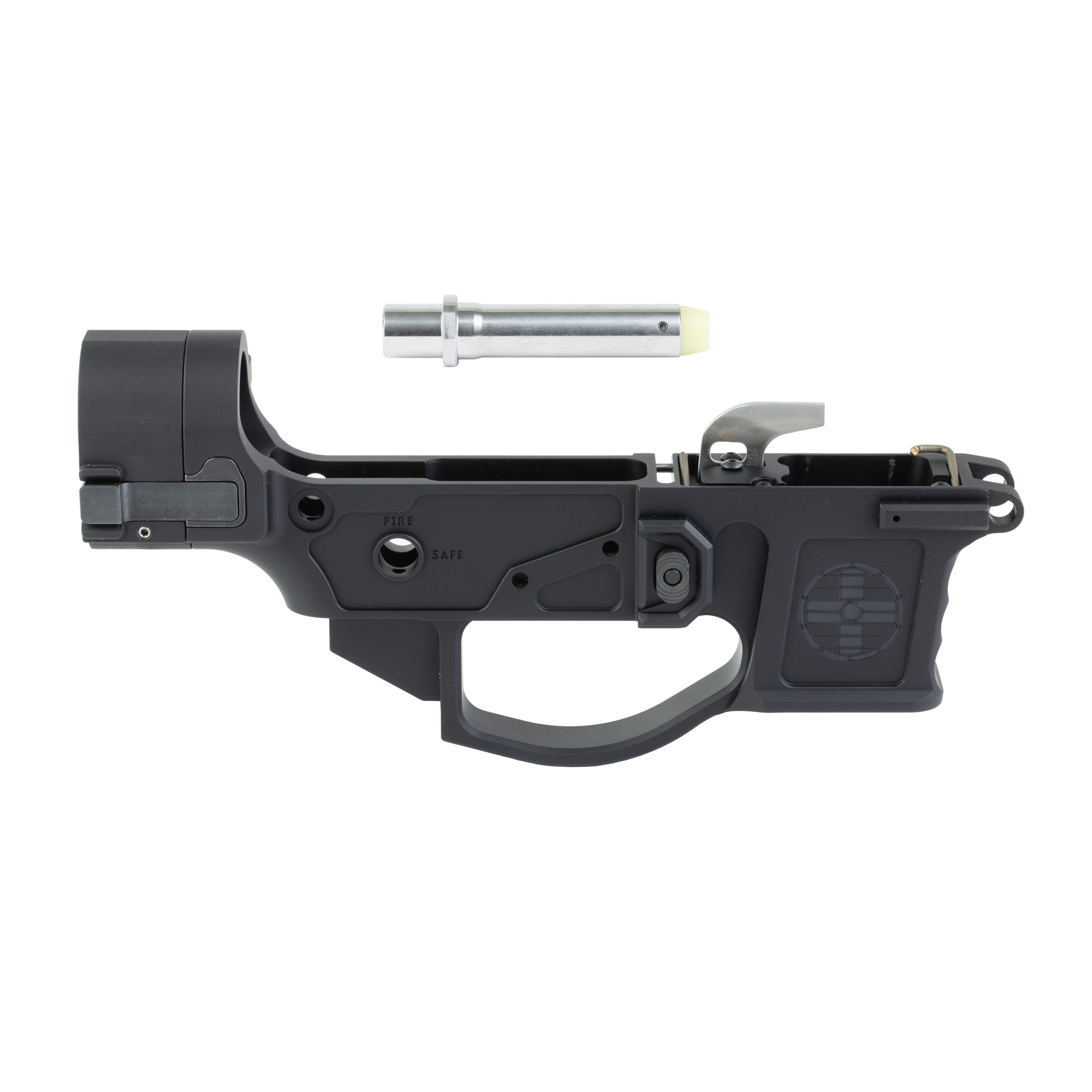 Disassembled black firearm receiver with metal buffer component