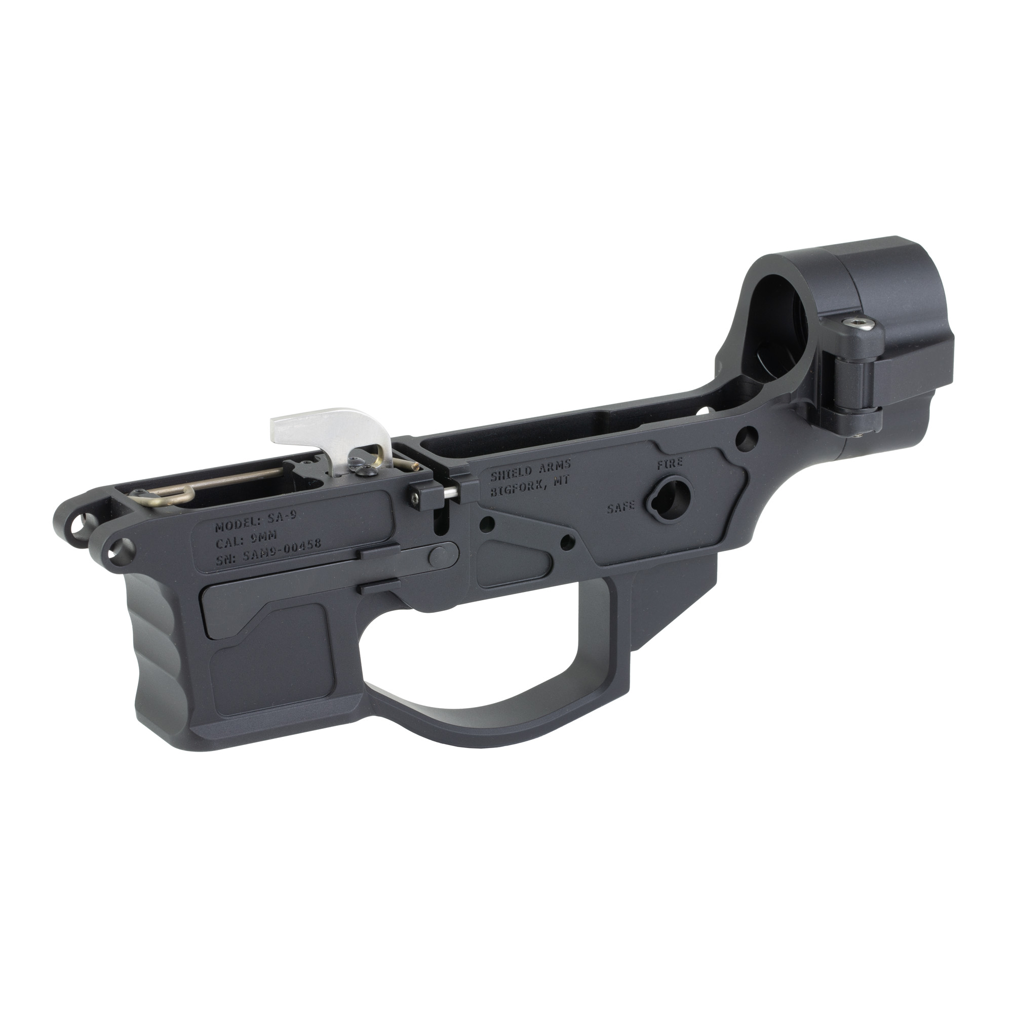 Black 9mm firearm receiver assembly with folding hinge