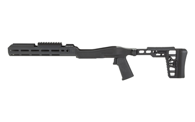 Black tactical rifle chassis with folding adjustable stock