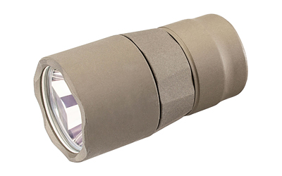 Tan cylindrical flashlight with a reflective lens on white background