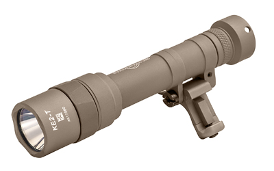 Tan tactical flashlight with angled weapon mount