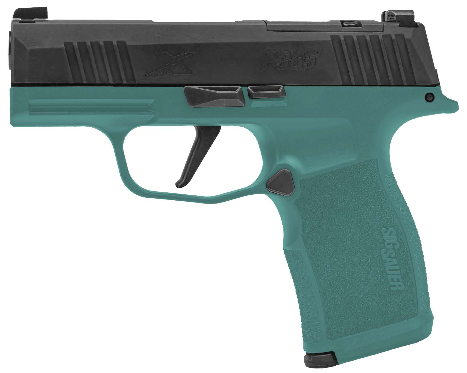 Teal and black SIG Sauer P365 semi-automatic pistol