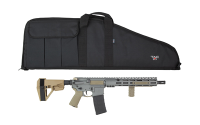 Black rifle case above compact tan and gray rifle