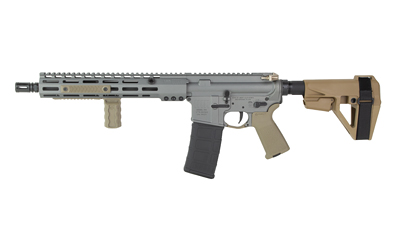 Gray tactical rifle with tan stock and pistol grip