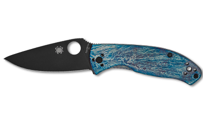 Black folding knife with blue patterned handle