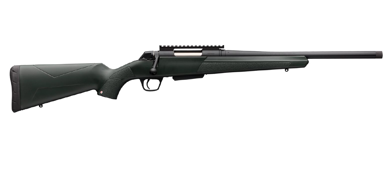 Bolt-action rifle with synthetic stock and threaded barrel