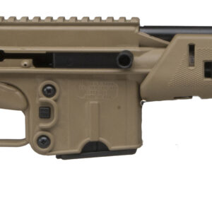 Close-up of a tan bullpup rifle