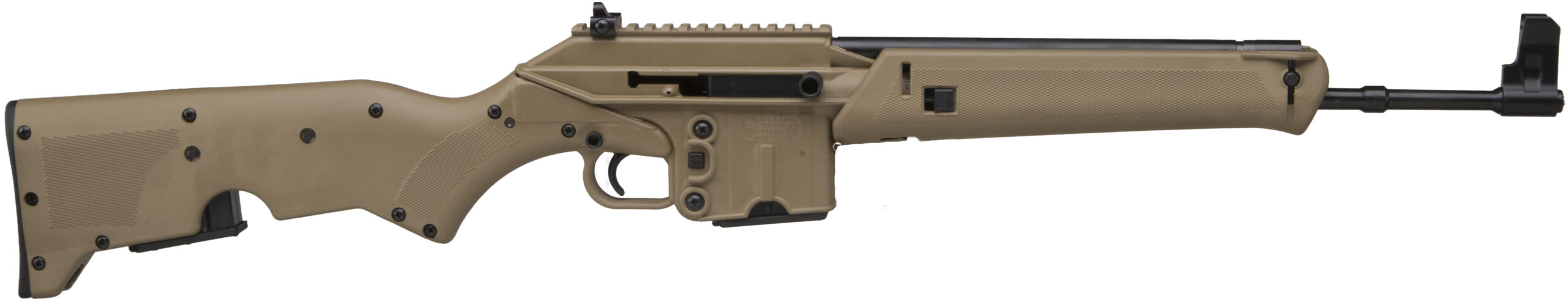 Close-up of a tan bullpup rifle