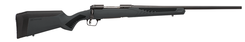 Black bolt-action rifle with synthetic stock on gray background.
