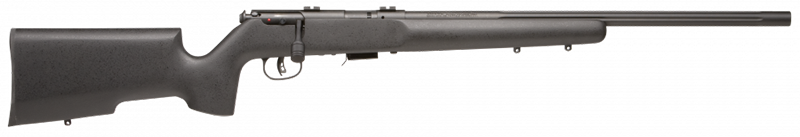 Black bolt-action rifle with synthetic stock and scope rail