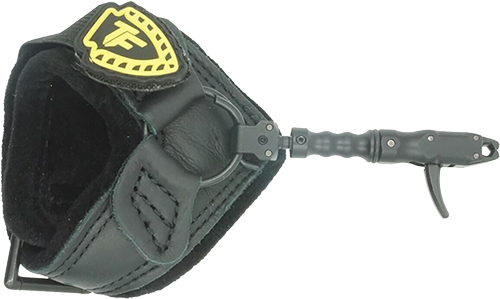 Black leather archery release aid with wrist strap