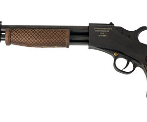 Engraved black pistol with patterned wooden grip