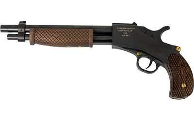 Engraved black pistol with patterned wooden grip
