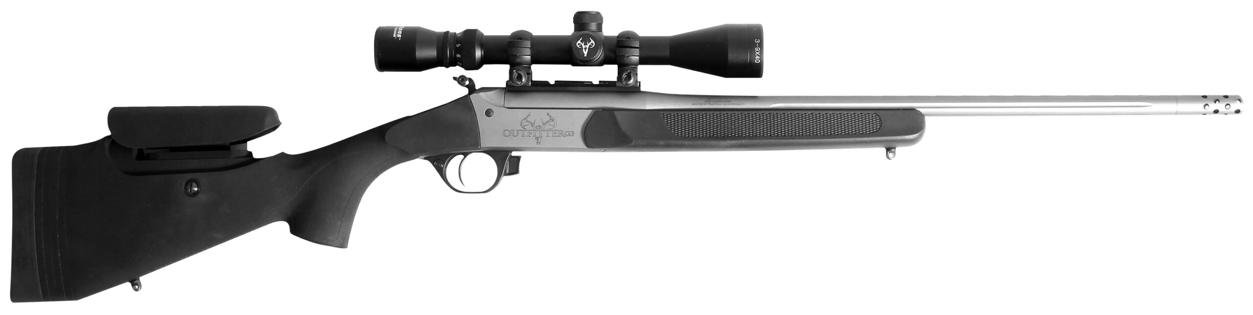 Scoped bolt-action hunting rifle with black synthetic stock