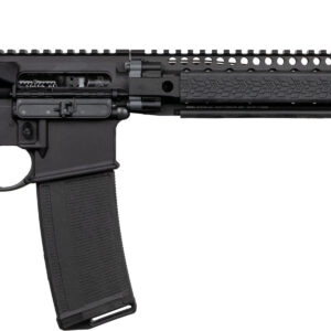 Close-up of black tactical rifle with magazine and foregrip