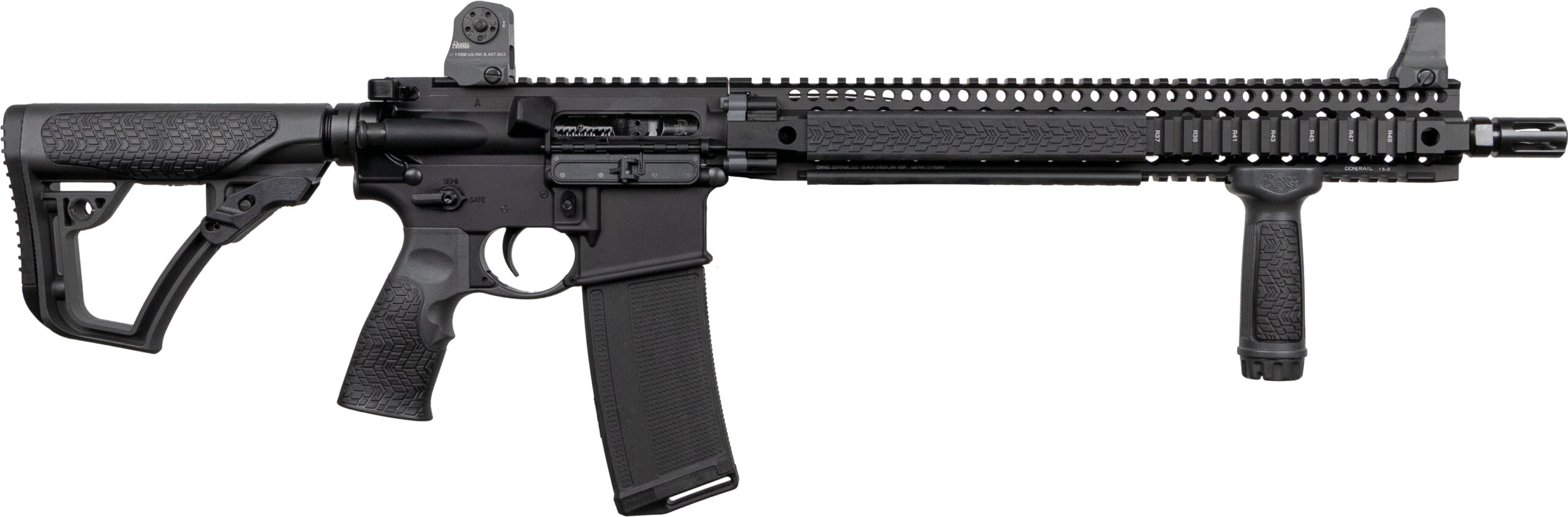 Close-up of black tactical rifle with magazine and foregrip