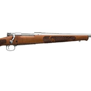 Wood-stock bolt-action hunting rifle on white background