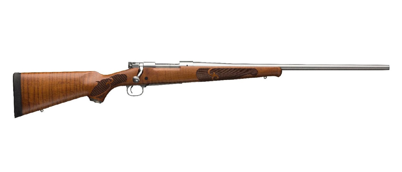 Wood-stock bolt-action hunting rifle on white background