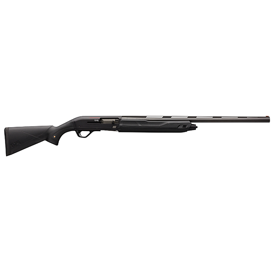Black semi-automatic shotgun on white background