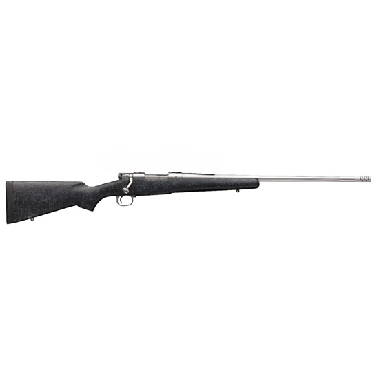 Black bolt-action rifle with long stainless steel barrel