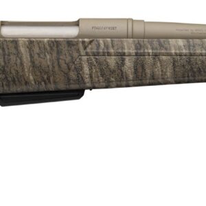 Camouflage bolt-action rifle with threaded barrel on white background