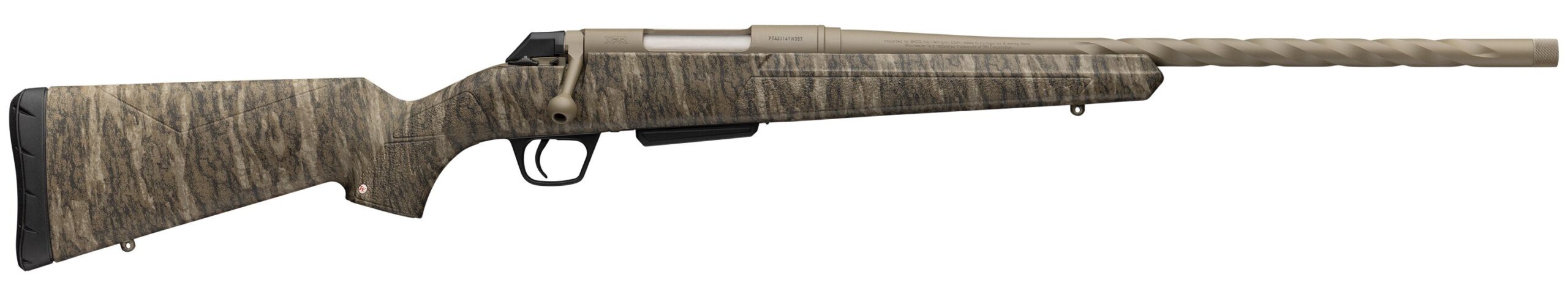 Camouflage bolt-action rifle with threaded barrel on white background