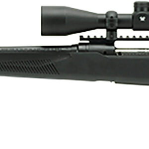Black bolt-action rifle with mounted telescopic scope