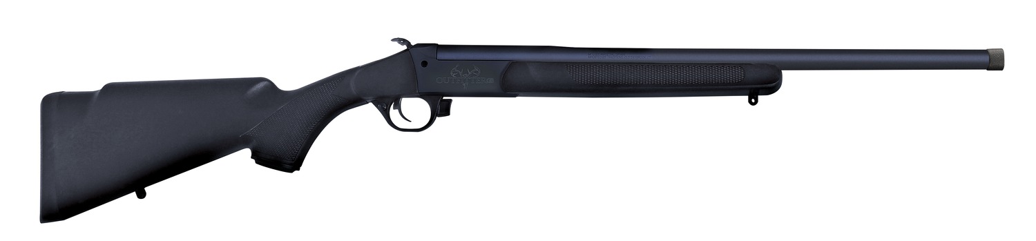 Black single-shot rifle with synthetic stock on white background