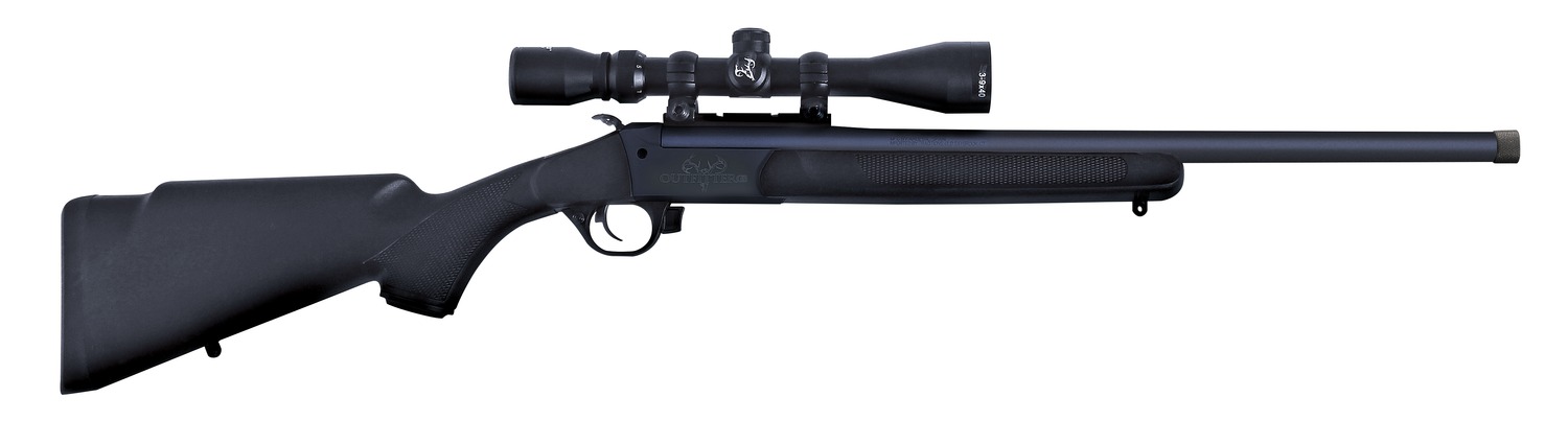 Black scoped rifle shown in side profile