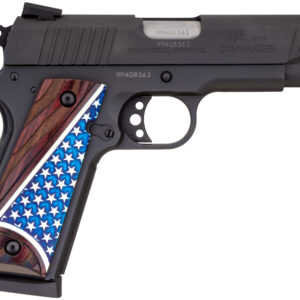 Close-up of a black rifle receiver with patterned wooden stock