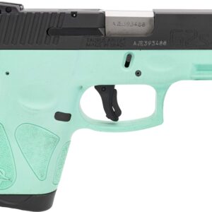 Close-up of a turquoise Taurus semi-automatic pistol